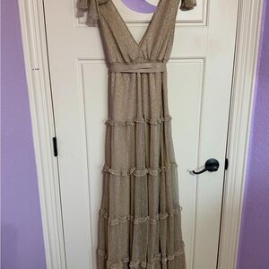 Shimmering Gold Maxi Dress with Ruffle Details